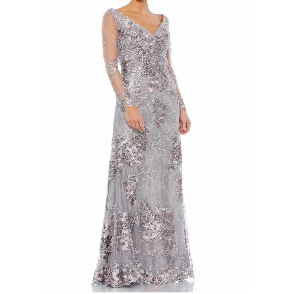 NWT Mac Duggal Embellished V Neck Illusion Long Sleeve Gown 12 Platinum #8150